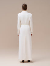 Textured wool-blend full-length coat with tailored notch lapels and adjustable waist tie